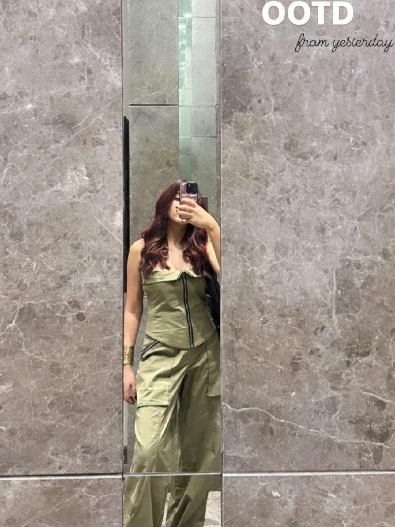 Zipper Tube Fold Top & Cargo Pants Coord Set