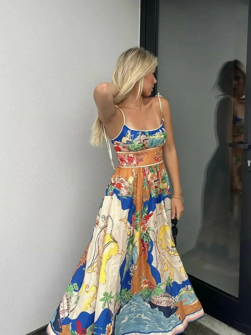 Tied Spaghetti Strap Nautical Floral Print Midi Dress