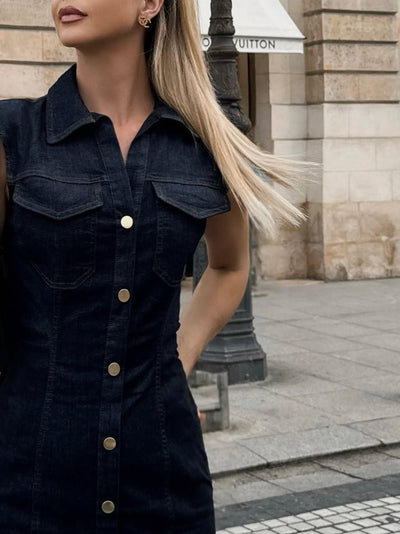Midnight sleeveless denim mini dress by Exclusives with gold button-front