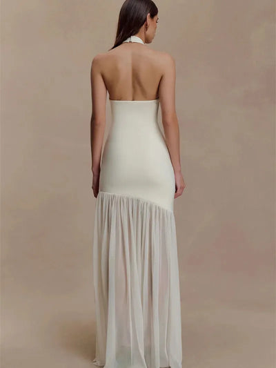 Halter Cut-Out Crepe & Mesh Maxi Dress by Exclusives, ivory with halter neck and sheer mesh overlay