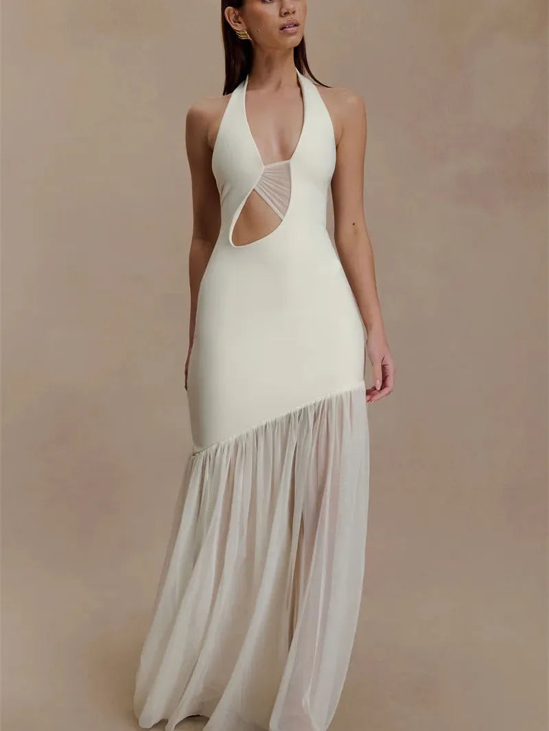 Halter Cut-Out Crepe & Mesh Maxi Dress by Exclusives, ivory with sheer mesh skirt, on sale