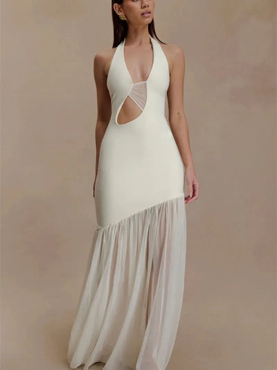 Halter Cut-Out Crepe & Mesh Maxi Dress by Exclusives, ivory with sheer mesh skirt, on sale