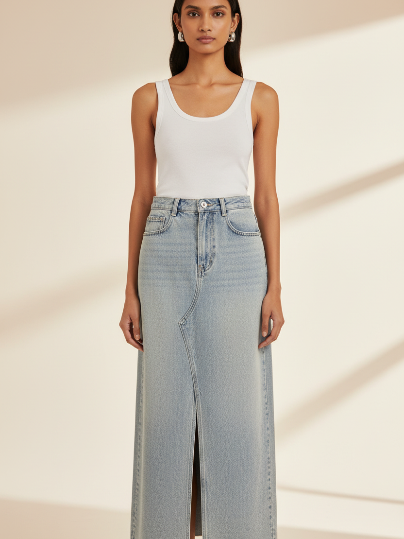 Denim Slit Skirt on Sale by Exclusives, light blue denim, midi length with front slit.
