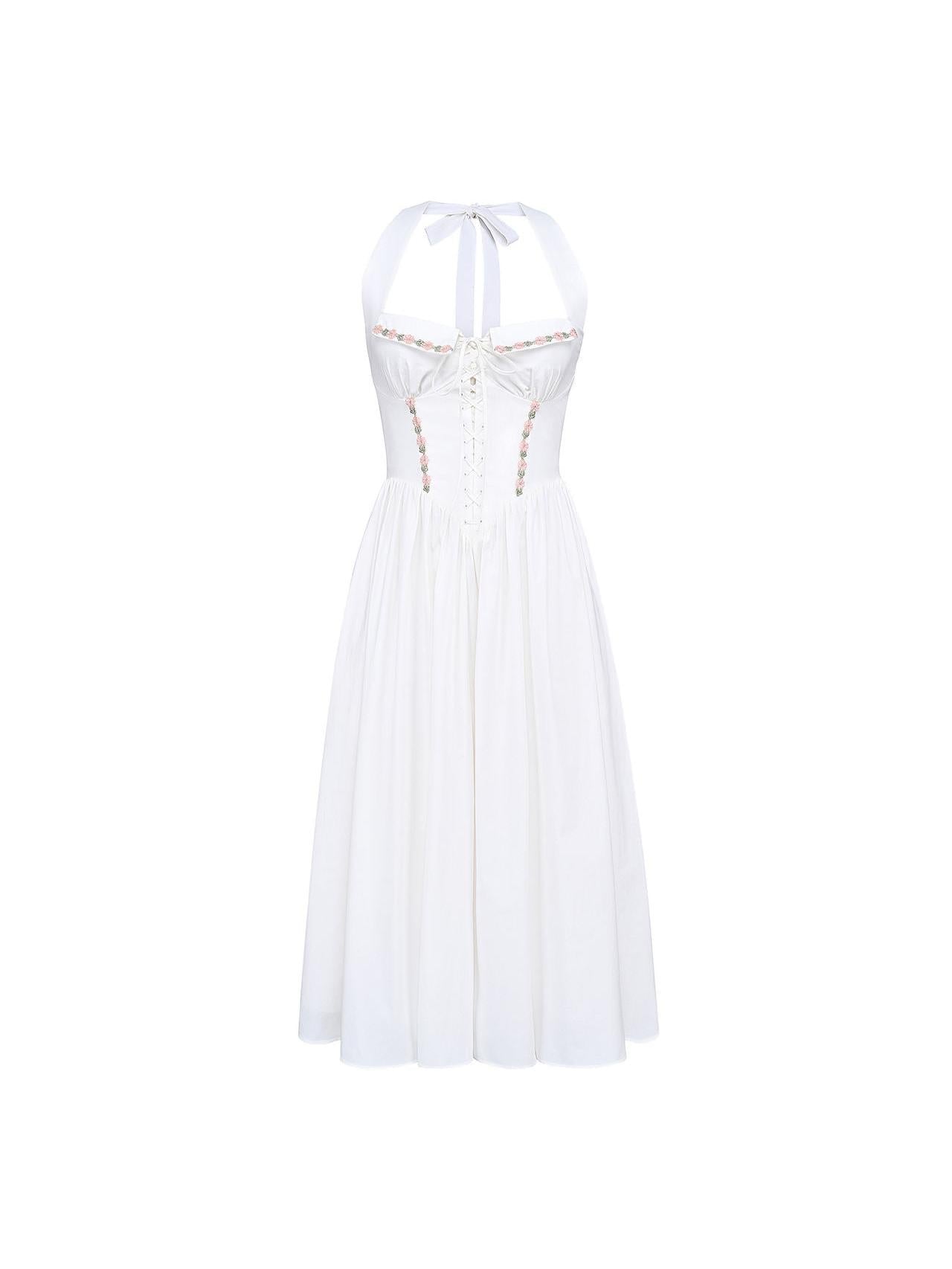 White halter-neck corset midi dress with pink floral embroidery on bodice and waist, lace-up front, full gathered skirt