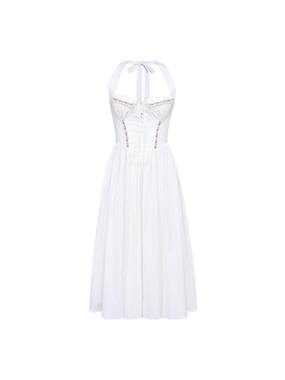 White halter-neck corset midi dress with pink floral embroidery on bodice and waist, lace-up front, full gathered skirt