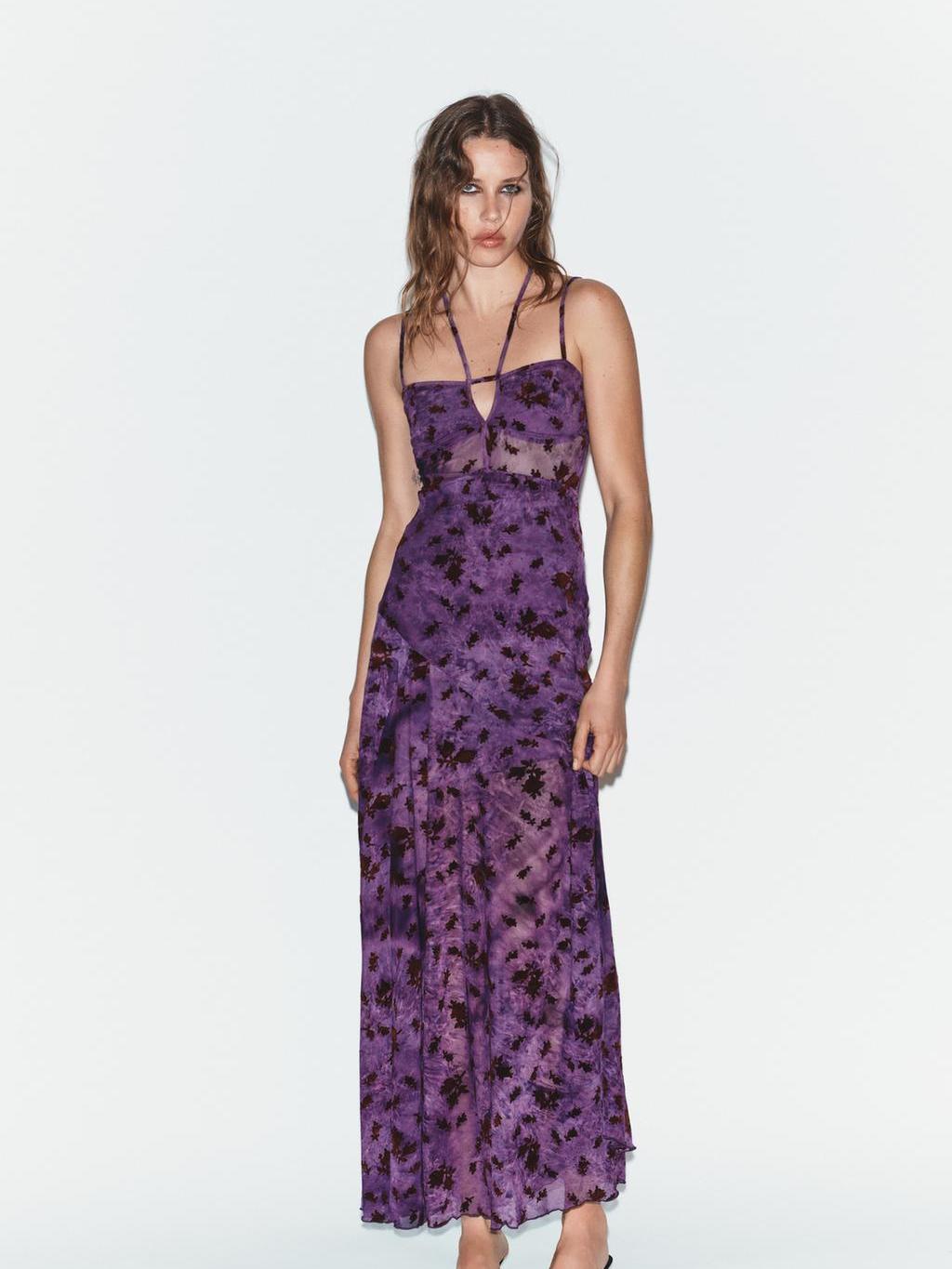 Midnight Bloom Mesh Maxi Dress with purple floral print, spaghetti straps, floor-length.