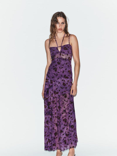 Midnight Bloom Mesh Maxi Dress with purple floral print, spaghetti straps, floor-length.