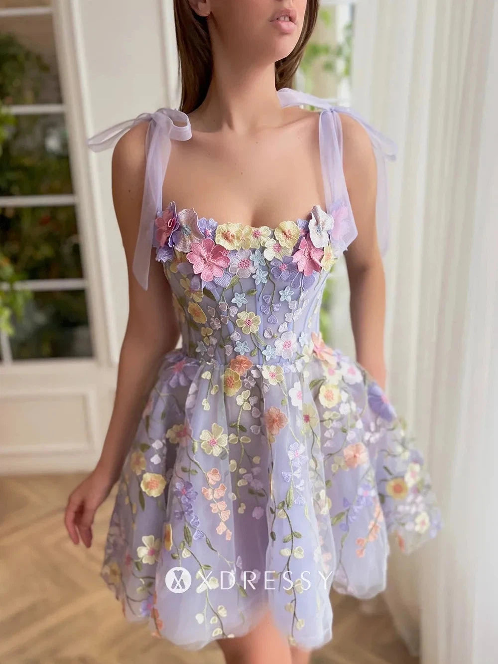 Tied Strap Flower Applique Fit Flare Short Dress