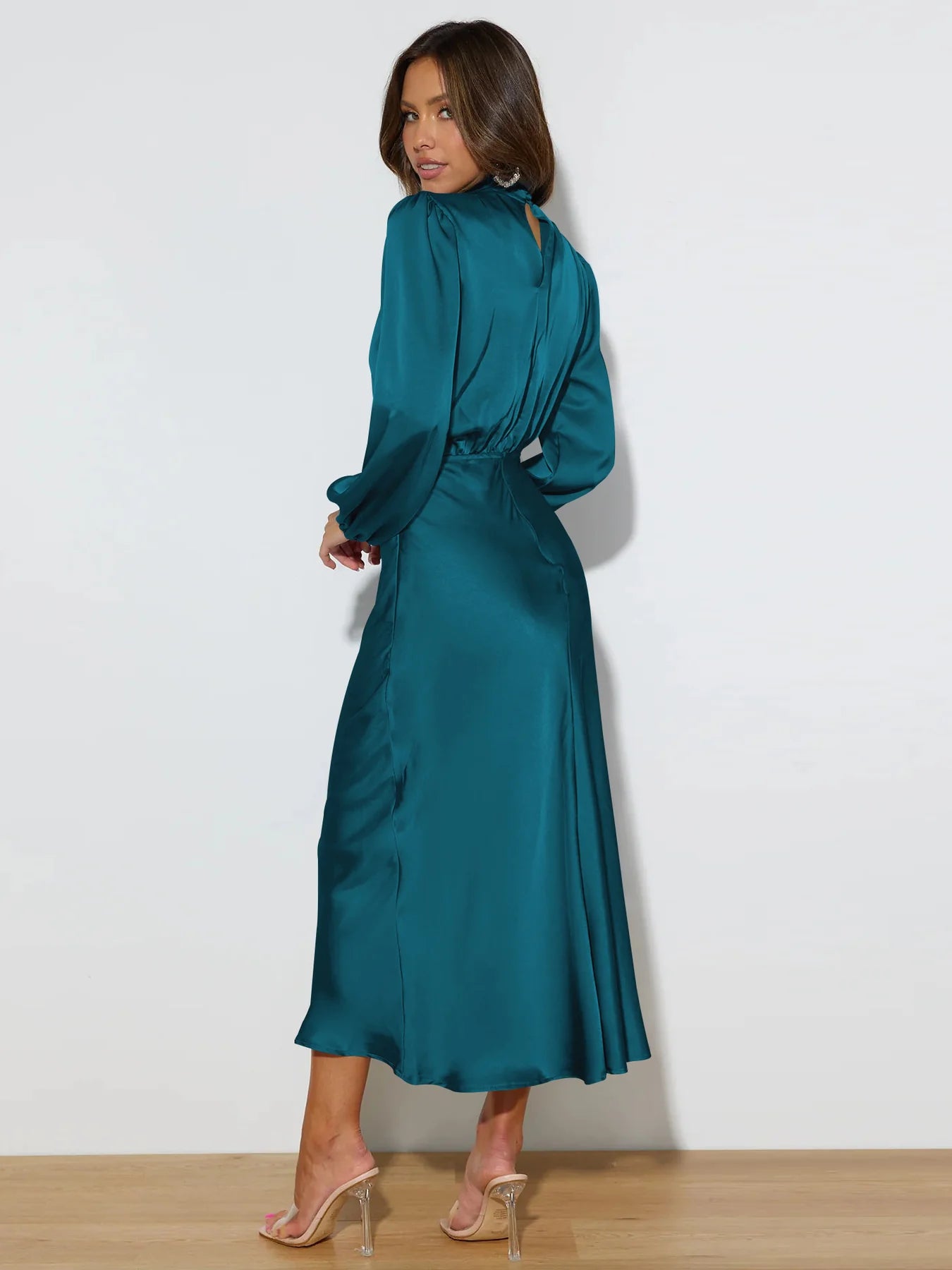 Teal Blue High Neck Satin Maxi Dress