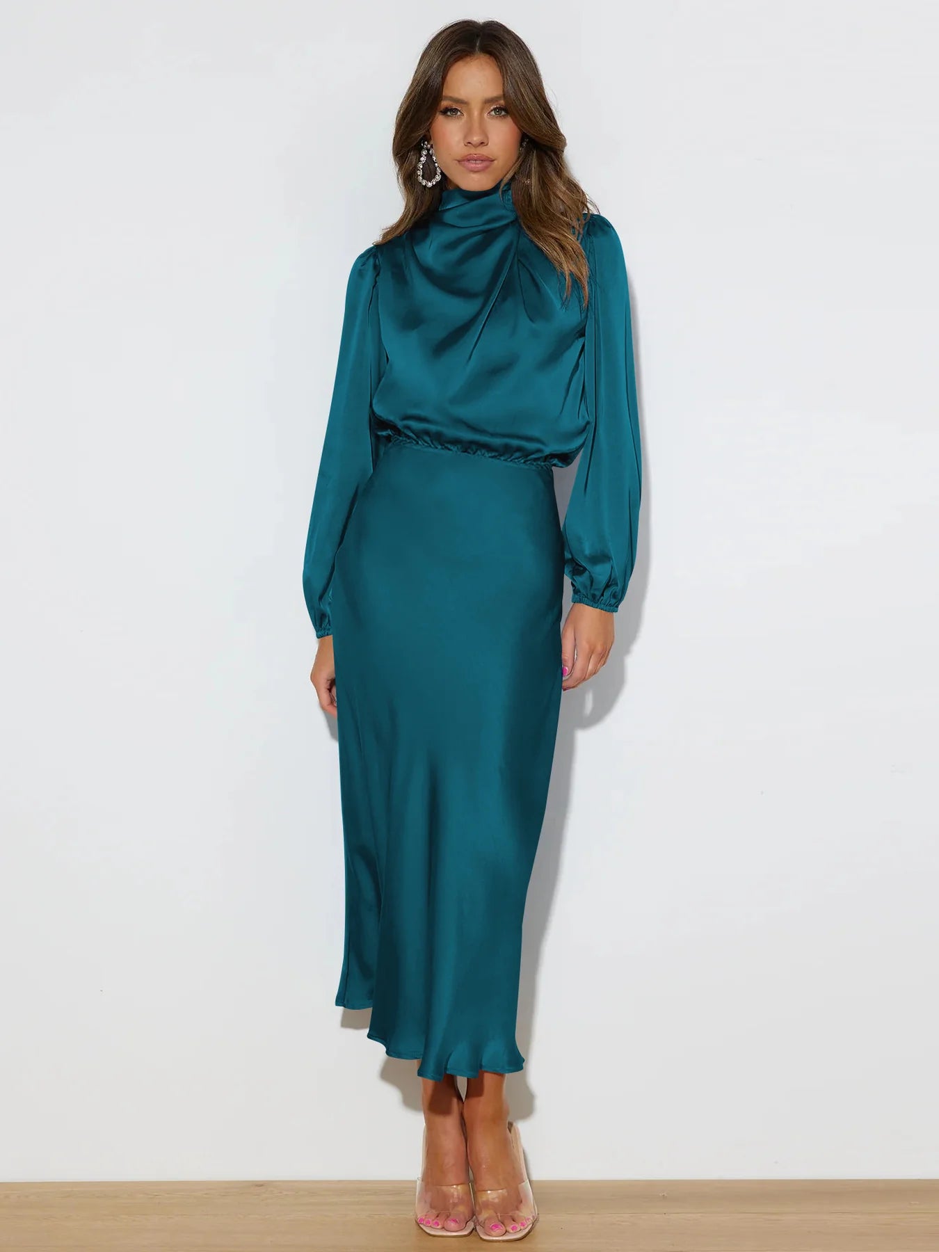 Teal Blue High Neck Satin Maxi Dress
