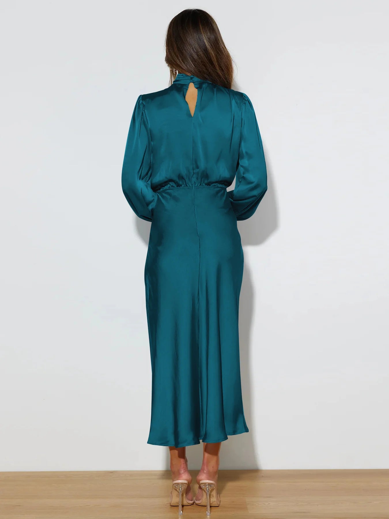 Teal Blue High Neck Satin Maxi Dress