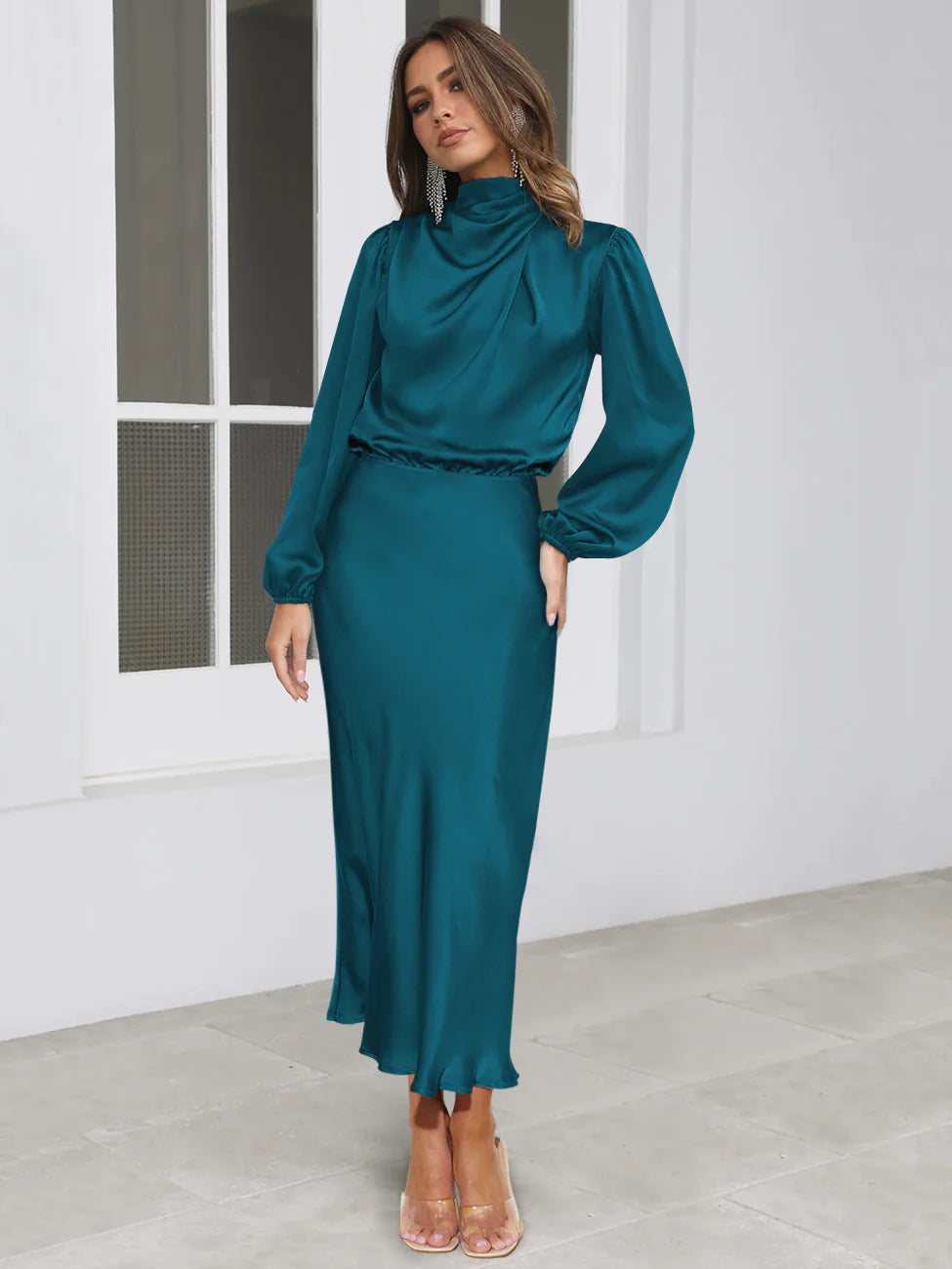 Teal Blue High Neck Satin Maxi Dress