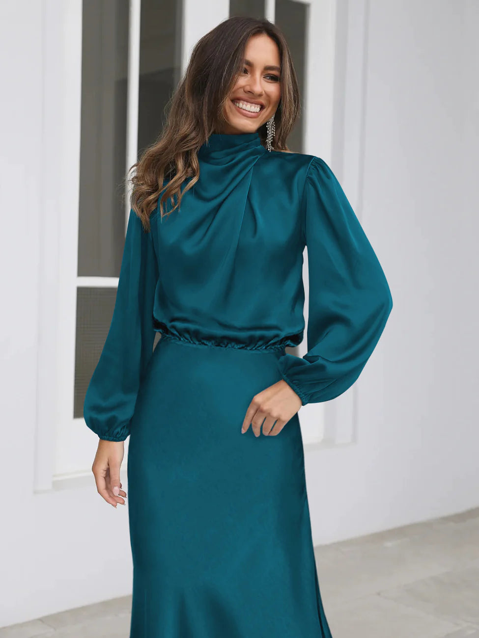 Teal Blue High Neck Satin Maxi Dress