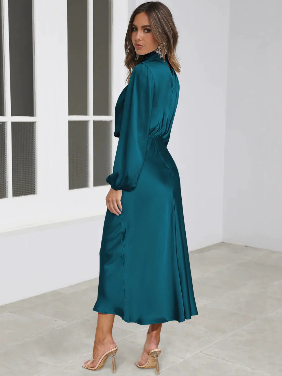 Teal Blue High Neck Satin Maxi Dress