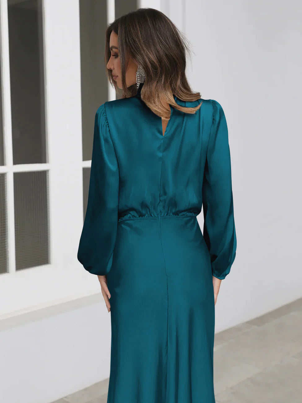 Teal Blue High Neck Satin Maxi Dress