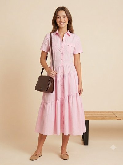 Button Down Collared Maxi Dress in pink by Exclusives; short sleeves, tiered skirt, front buttons.