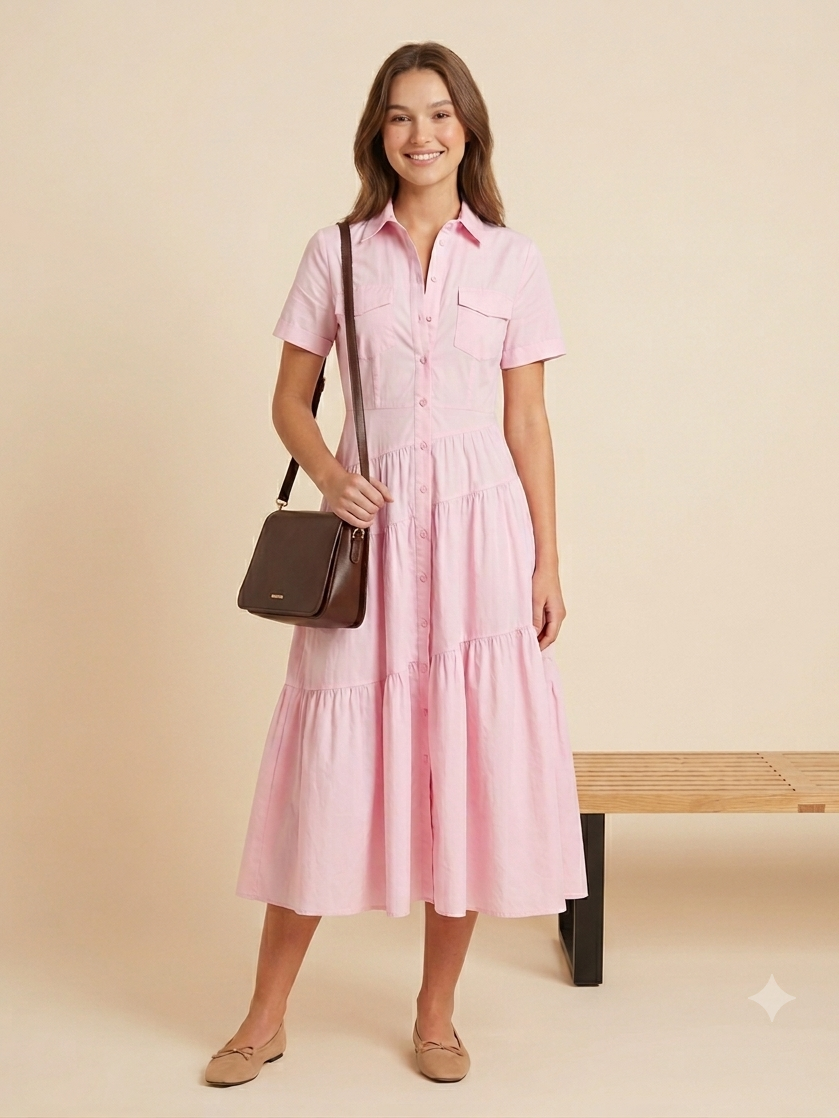 Button Down Collared Maxi Dress in pink by Exclusives; short sleeves, tiered skirt, front buttons.