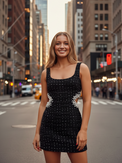 Exclusives Tweed Pearl Beaded Cutout Short Dress, black with pearl side accents on a model