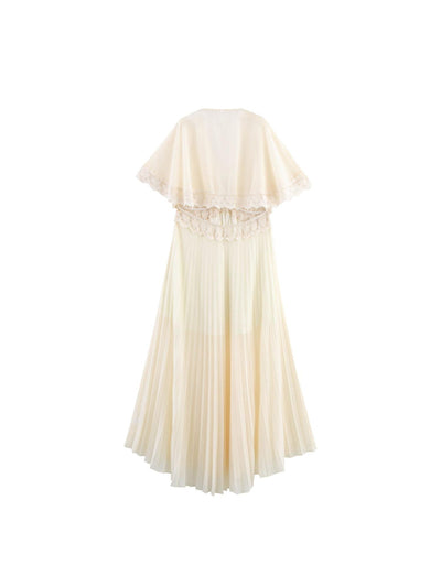 Cream pleated maxi dress with sheer lace-trim cape sleeves, back view.