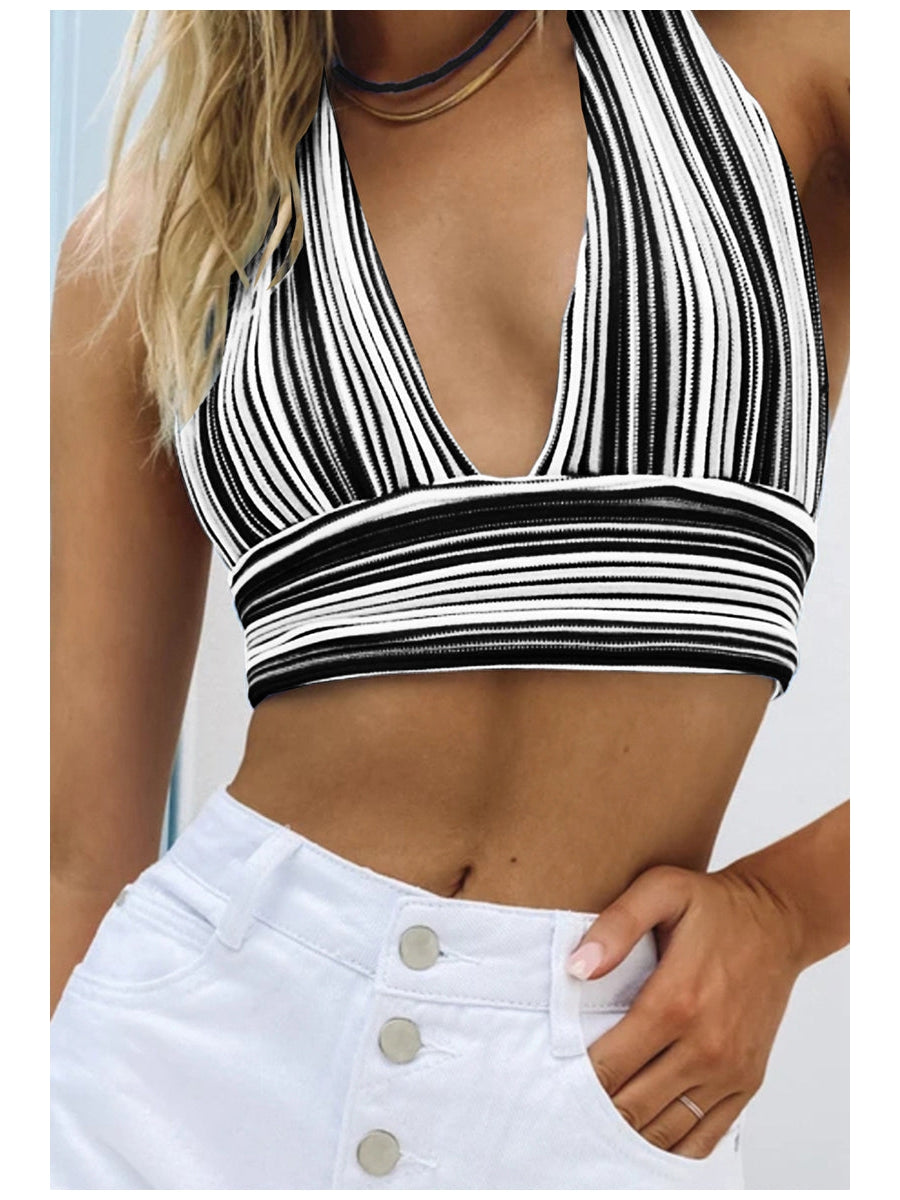 Halterneck Striped Backless Cami Crop Top