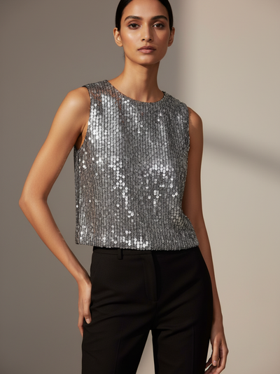 Sleeveless Sequins Vest Top by Exclusives in silver, tank top on sale.