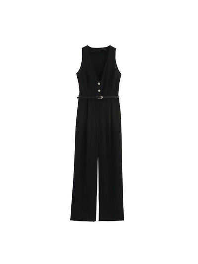 V-Neck Tailored Wide Leg Jumpsuit with Belt