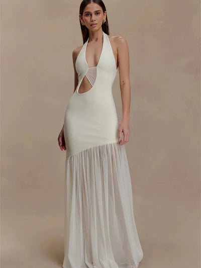 Halter Cut-Out Crepe & Mesh Maxi Dress by Exclusives in ivory, on sale.