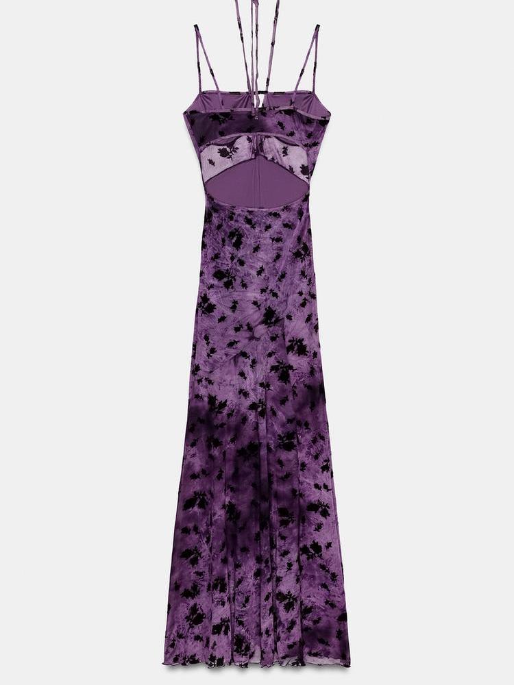 Midnight Bloom Mesh Maxi Dress by Exclusives; purple tie-dye with sheer mesh panels