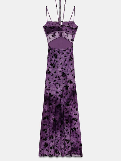 Midnight Bloom Mesh Maxi Dress by Exclusives; purple tie-dye with sheer mesh panels