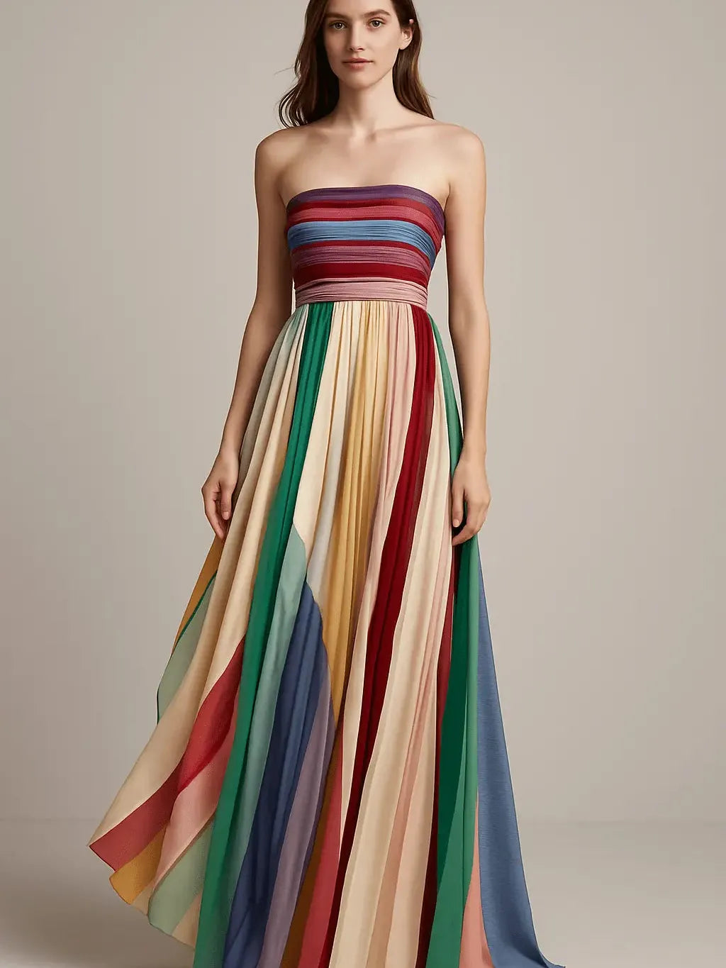rainbow pleated maxi dress Rainbow Pleated Strapless Tube Maxi Dress