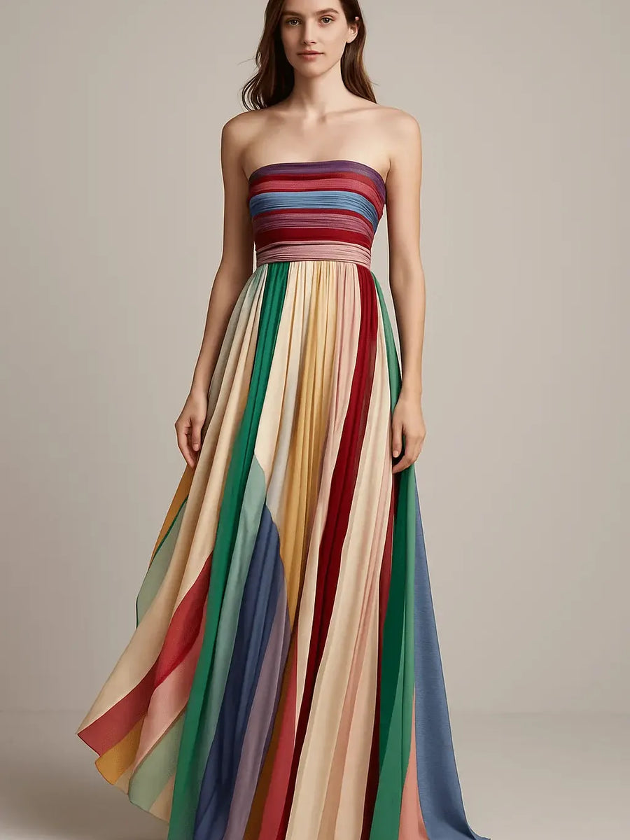 Rainbow pleated strapless tube maxi dress by EXCLUSIVES in multicolor stripes