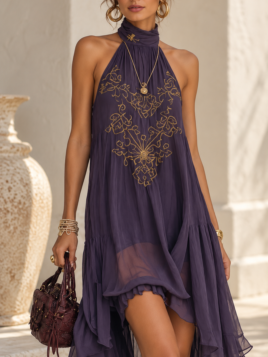 Valencia Embroidered Halter Maxi Dress in purple with gold embroidery and sheer overlay