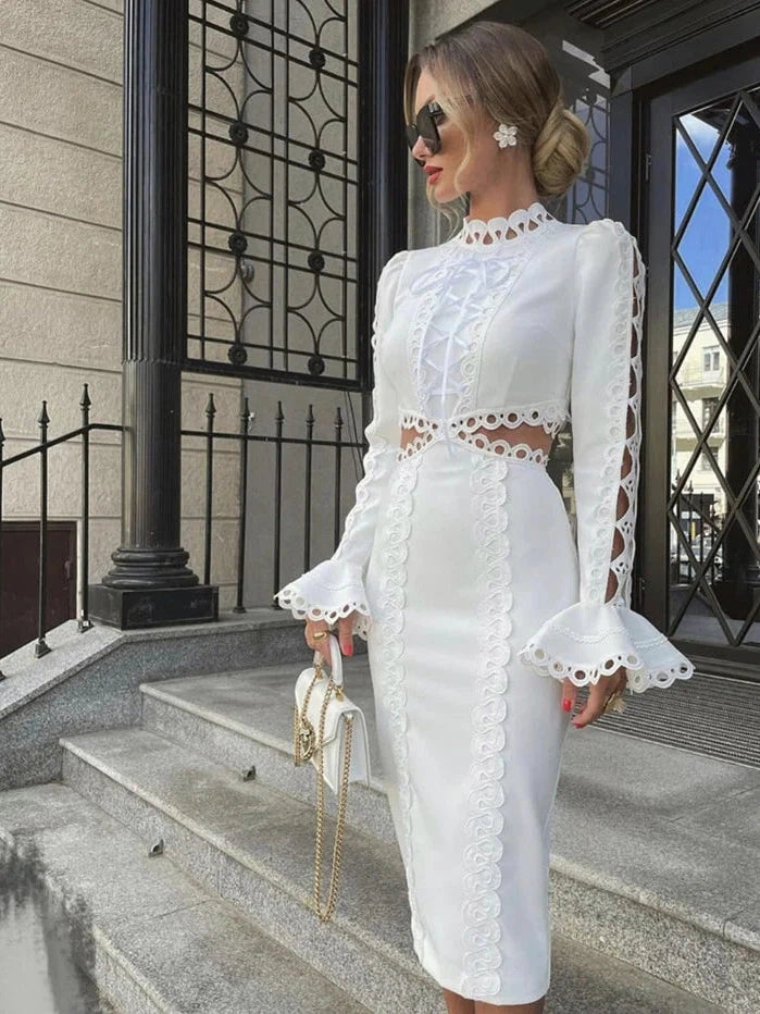 Monophonic Cutout Flare Midi Dress