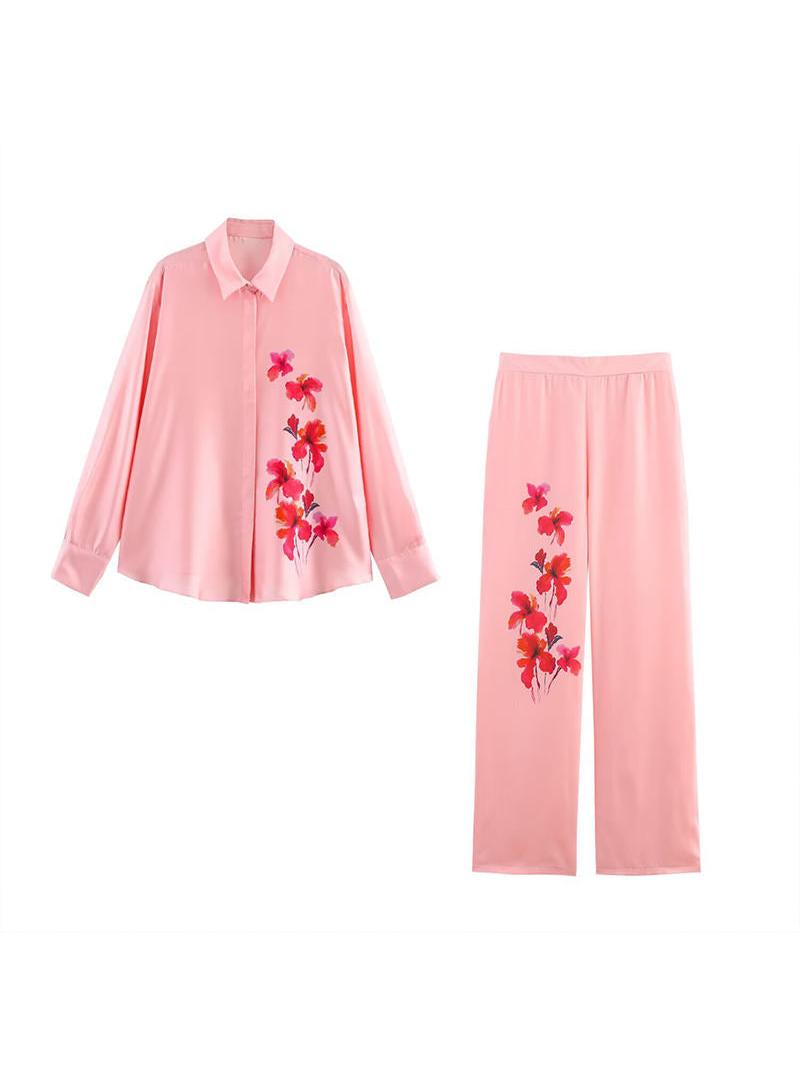 Pink Flower Print Shirt & Pants Coord Set