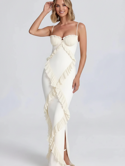 Lamer spaghetti-strap ruffle slit maxi dress by EXCLUSIVES in ivory with cascading ruffle panels and side slit
