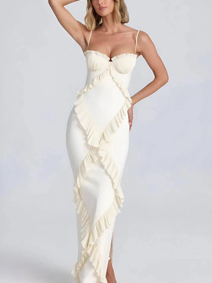 Lamer Spaghetti Strap Ruffle Slit Maxi Dress