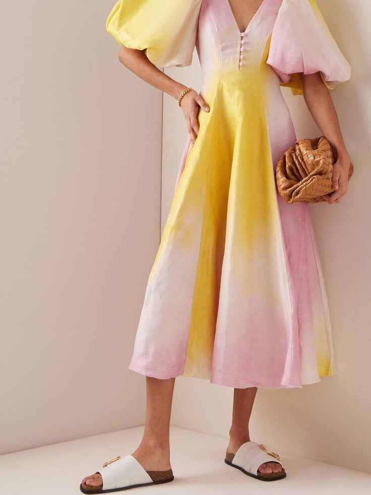 V Neck Lantern Sleeve Dress