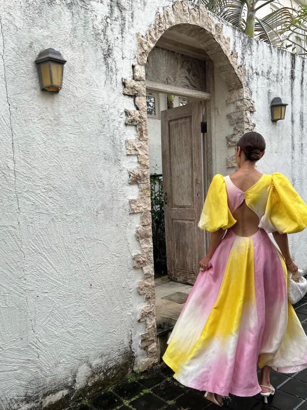 V Neck Lantern Sleeve Dress