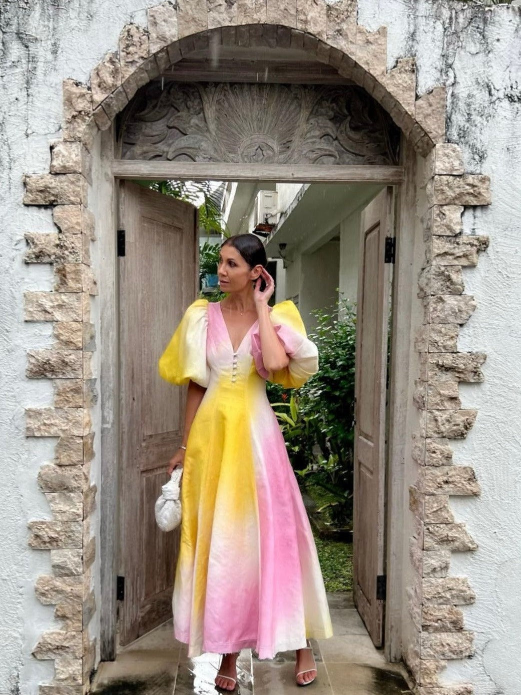 V Neck Lantern Sleeve Dress