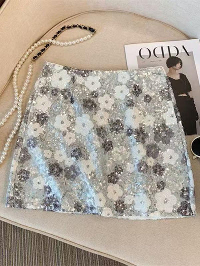 Flower Print Sequins Short Skirt