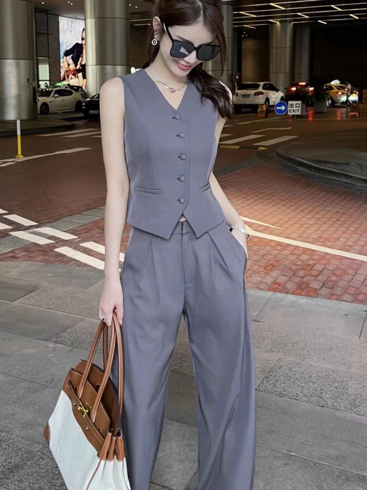 Waist Vest Coat & Wide Leg Pant Coord Set