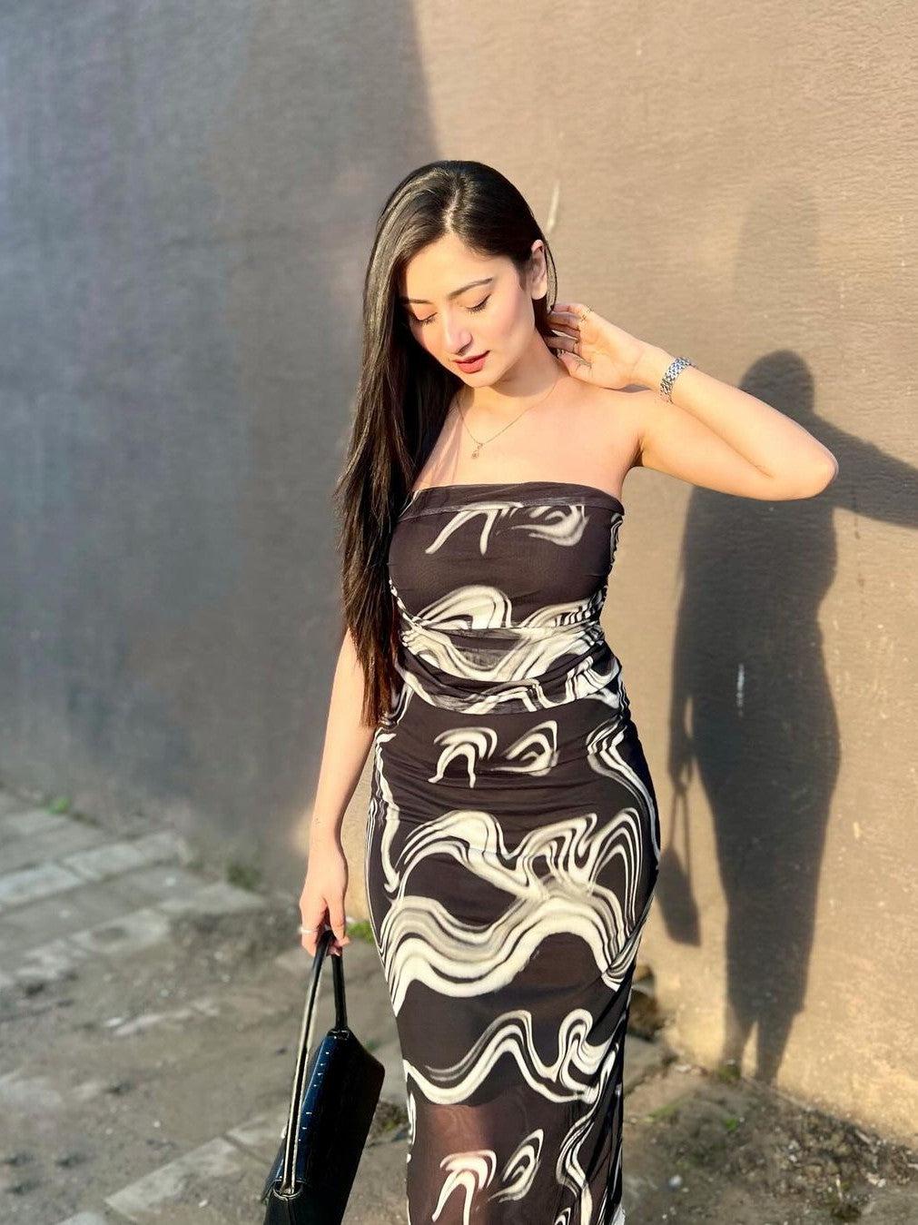 Black & White Tie and Dye Tulle Tube Dress