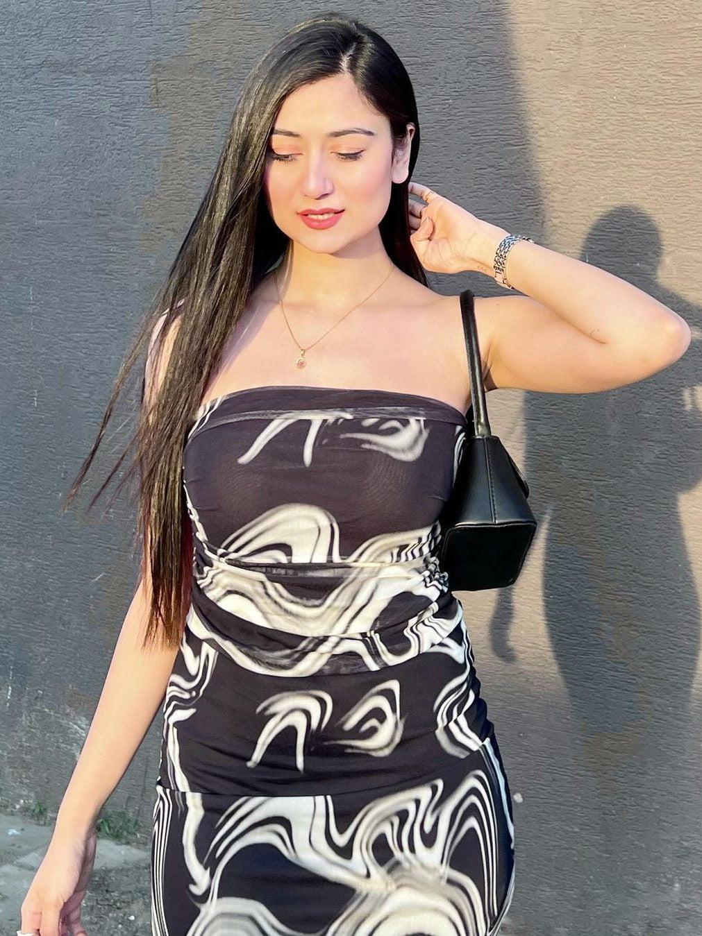 Black & White Tie and Dye Tulle Tube Dress