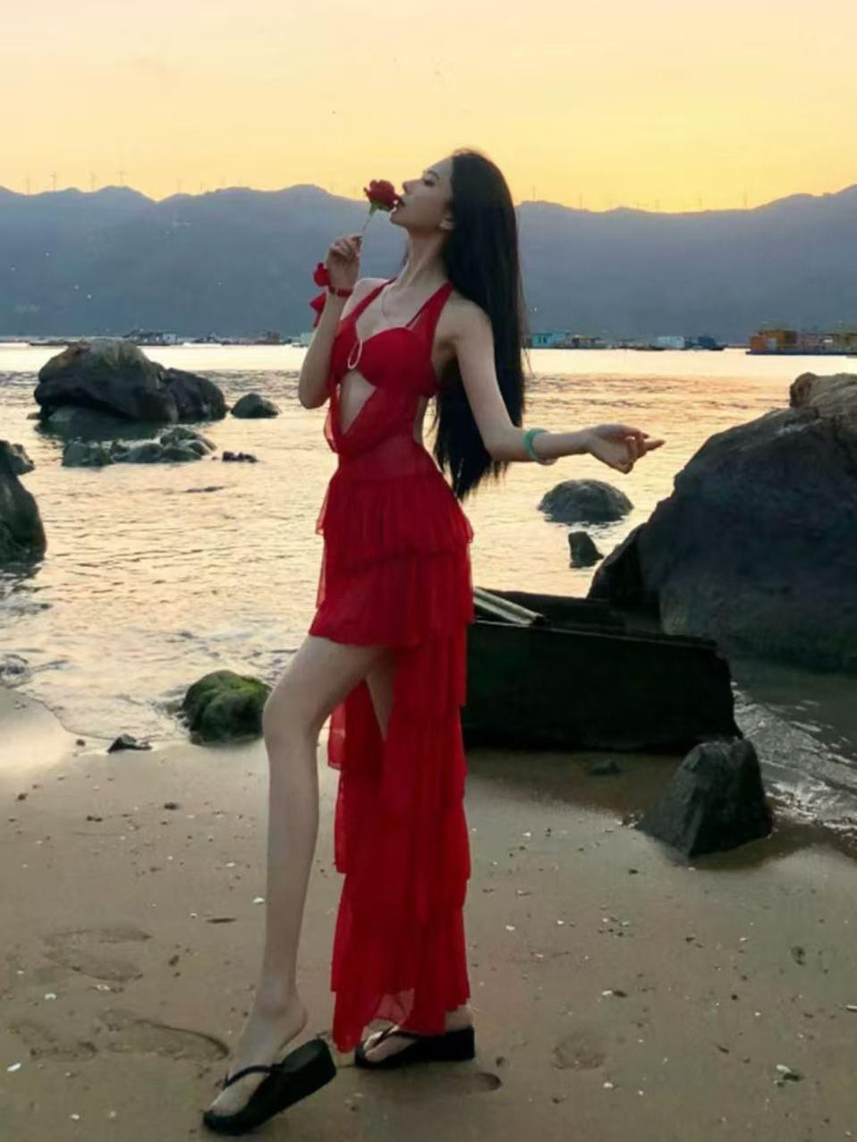 Red Siren Ruffle Swimsuit Set by Exclusives, red one-piece swimsuit with layered ruffles