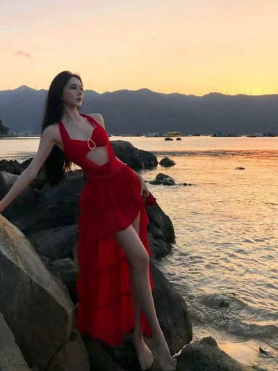 Red Siren Ruffle Swimsuit Set by Exclusives, red one-piece swimsuit on sale
