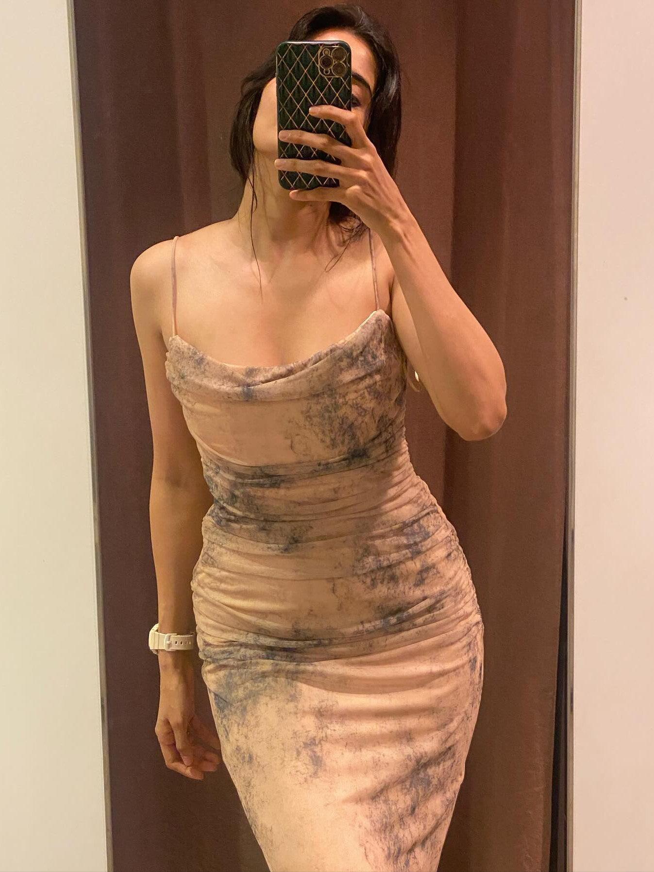 nude mesh tie dye print ruched bodycon dress Luma Print Mesh Ruched Dress