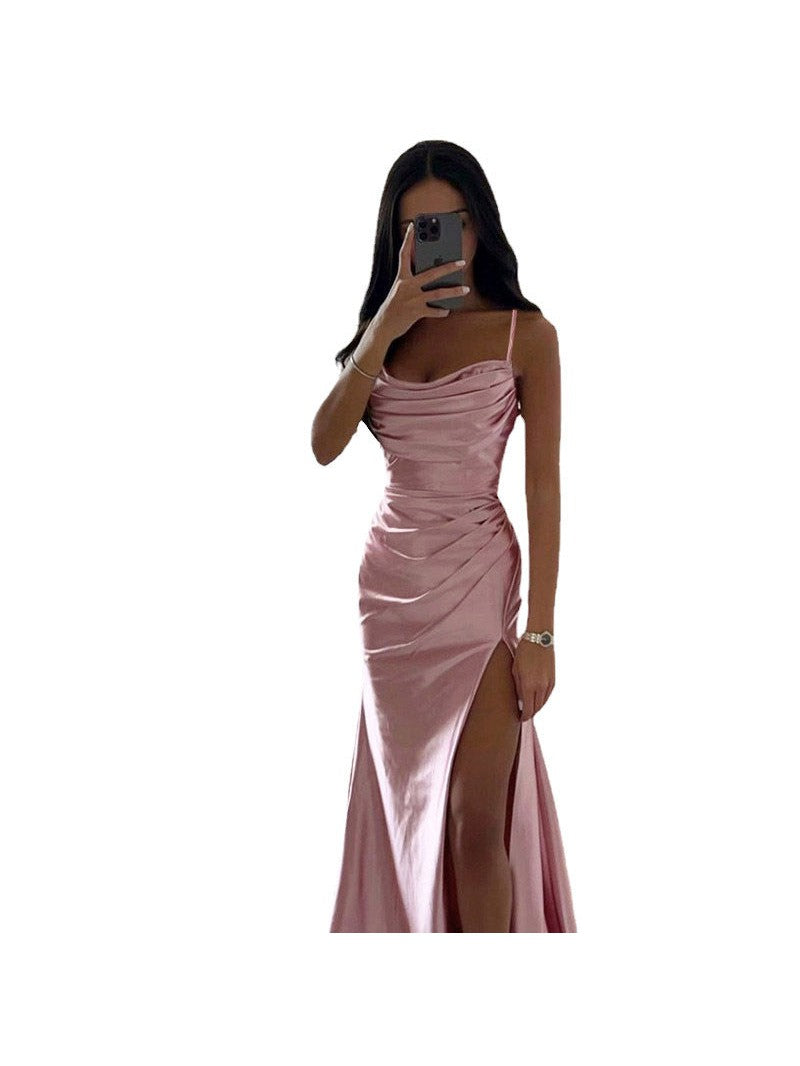 Spaghetti Strap Pleated Slit Satin Dress