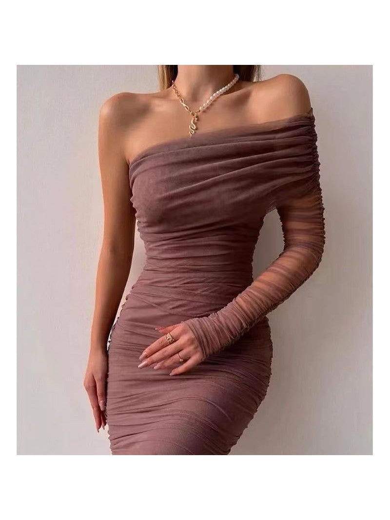 One Shoulder Ruched Sleeves Mesh Dress