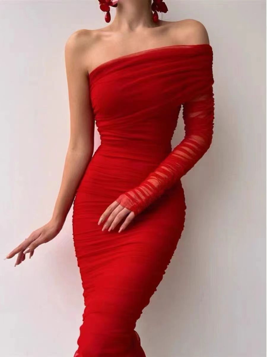 One Shoulder Ruched Sleeves Mesh Dress
