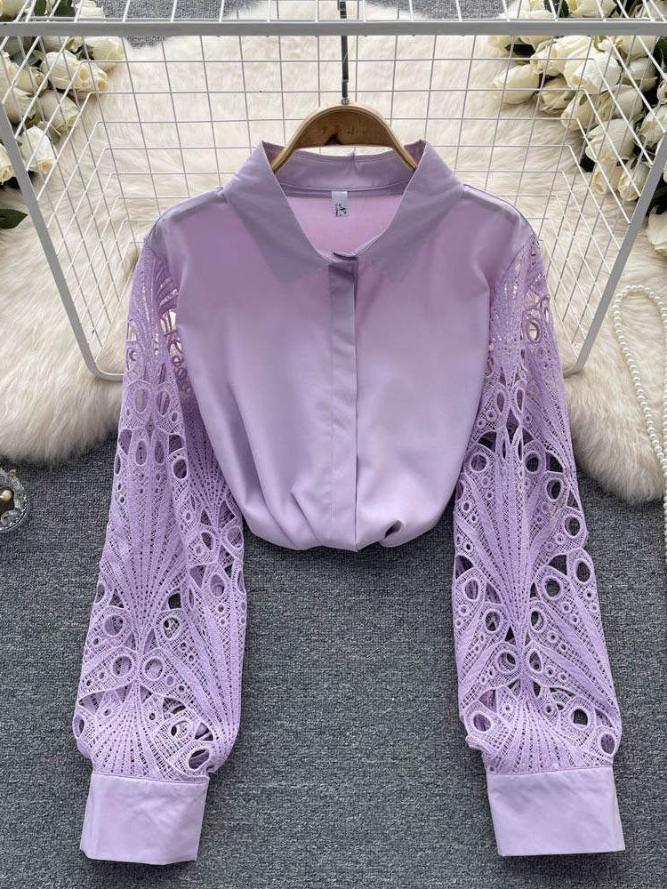 Lavender oversized shirt with solid body and crochet hollow-out sleeves; collared neckline.